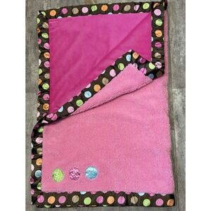 Baby Boom Pink Sherpa Children's Blanket Lovey Brown Satin Trim Polka Dots